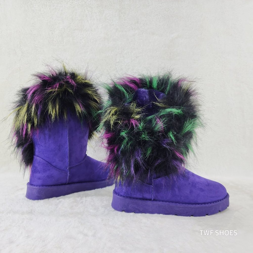 BAMBOO Purple Ankle Boots with Multicolor Fur